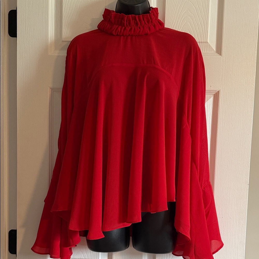Good Luck Gem Red Ruffle High-Neck Flowing Blouse